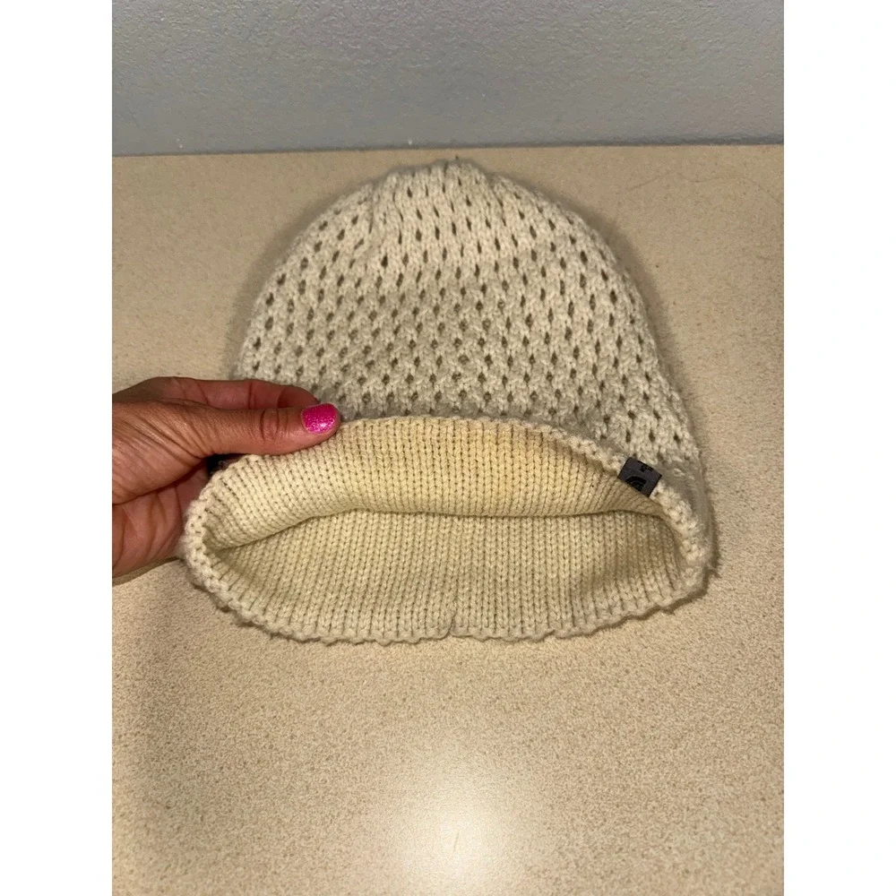 The North Face Womens Knit Beanie Oatmeal Cream Pointelle Ribbed Winter Hat